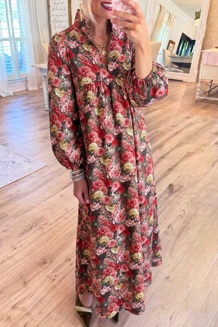 Floral Stand Collar Pocket Maxi Dress