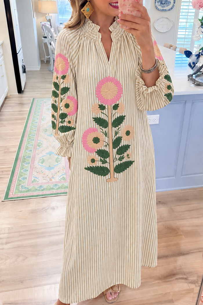 Beige Stripe Ruffle Collar Embroidered Maxi Dress