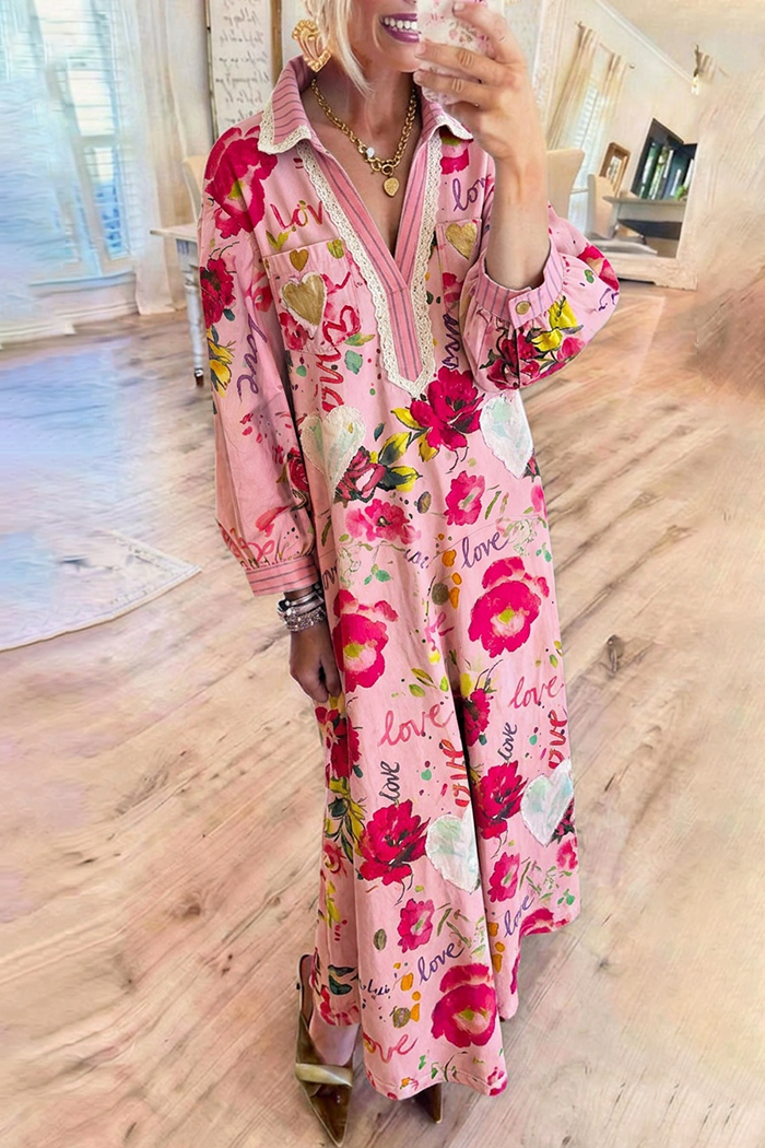 Floral Collared Lace Trim Puff Sleeve Pocket Denim Maxi Dress