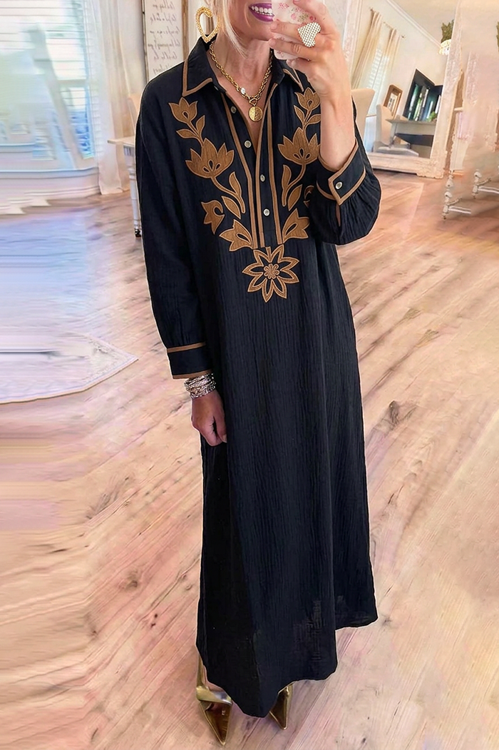 Floral Embroidered Collared Long Sleeve Pocket Maxi Dress