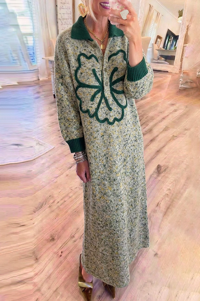 Heather Green Floral Jacquard Knit Collared Maxi Dress
