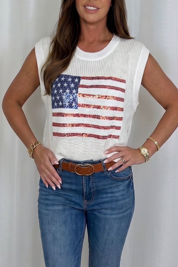 American Flag Sequin Knit Sleeveless Top