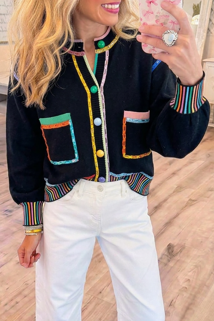 Black Stand Collar Knit Colorful Trim Pockets Top