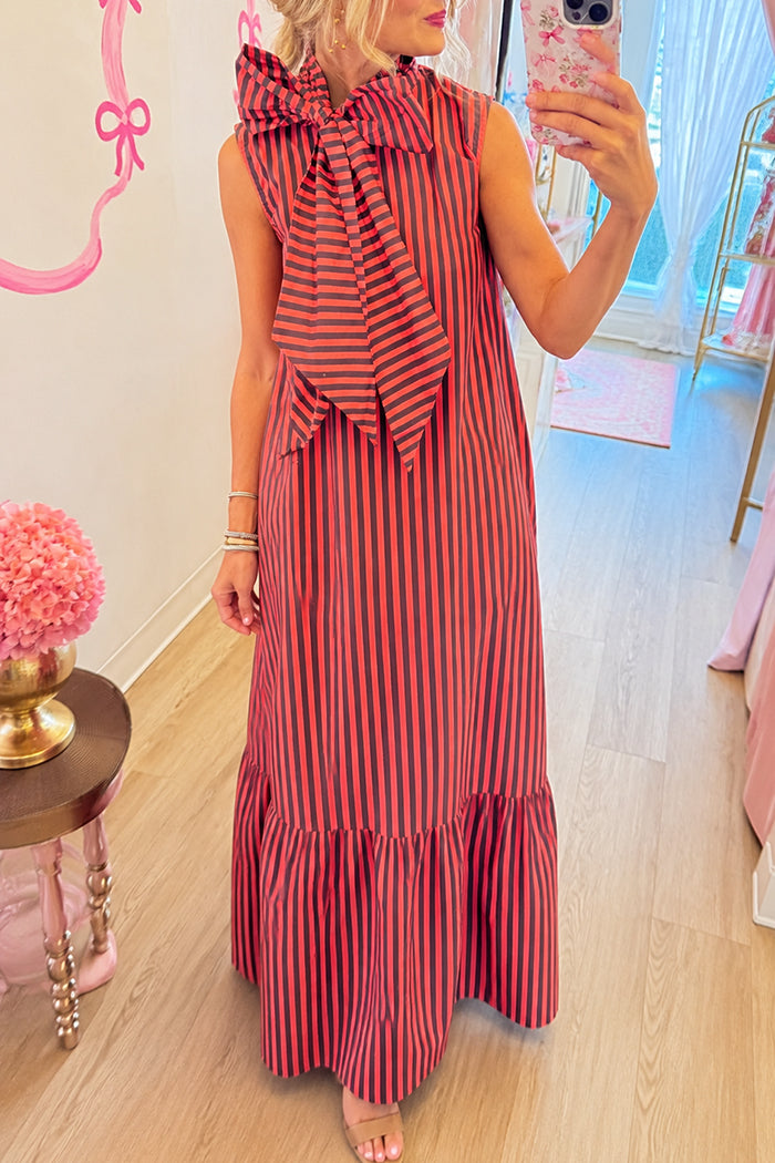 Vertical Stripe Bow Neck Flounce Hem Maxi Dress
