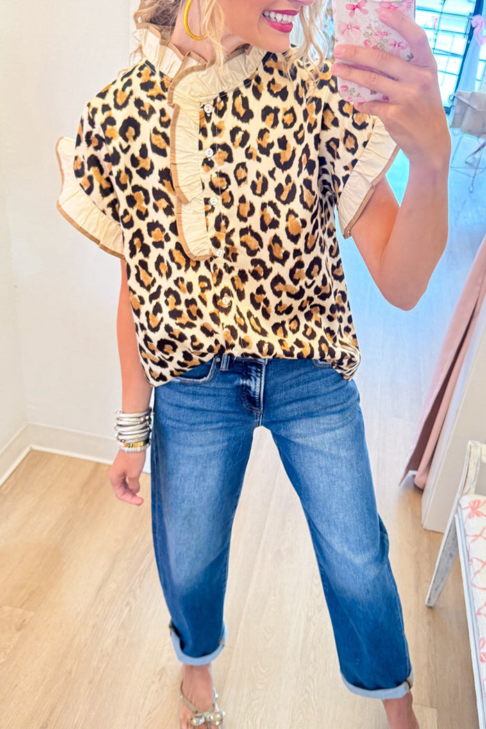 Short Sleeve Leopard Ruffle Detail Top