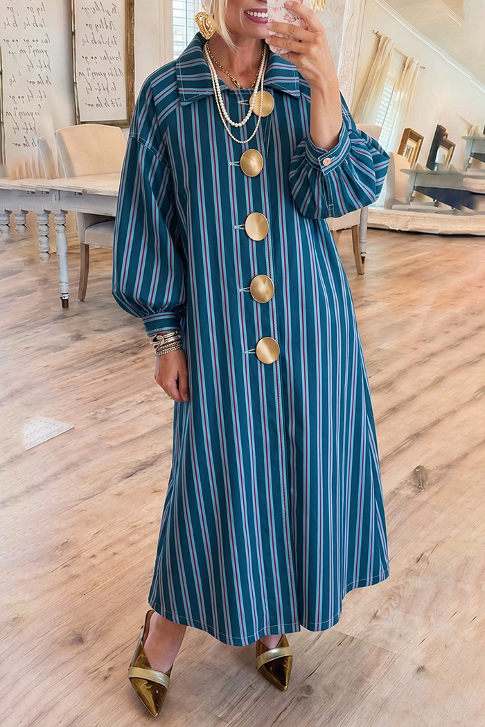 Vertical Stripe Collar Balloon Sleeves Big Gold Buttons Pockets Maxi Dress