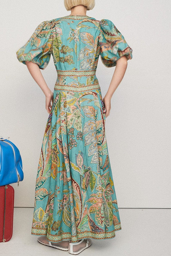 Vintage Print Puffy Sleeve Dress