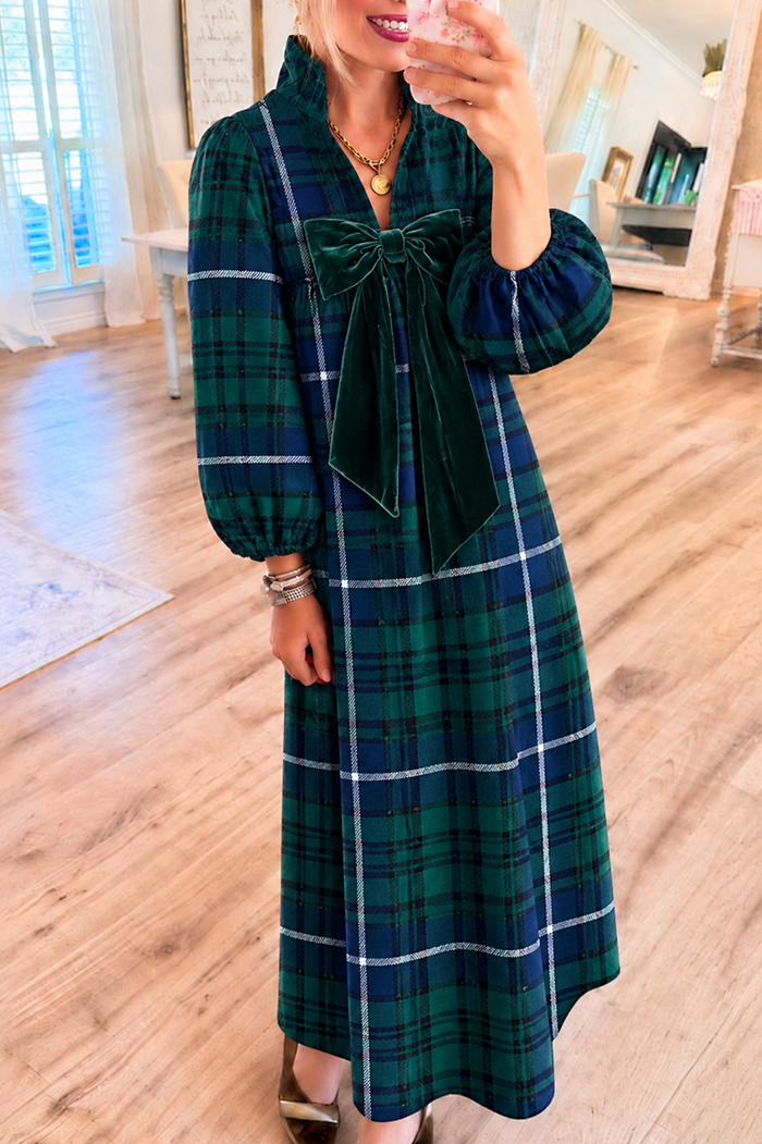 Green and Navy Plaid Velvet Bow Pocket Maxi Dress