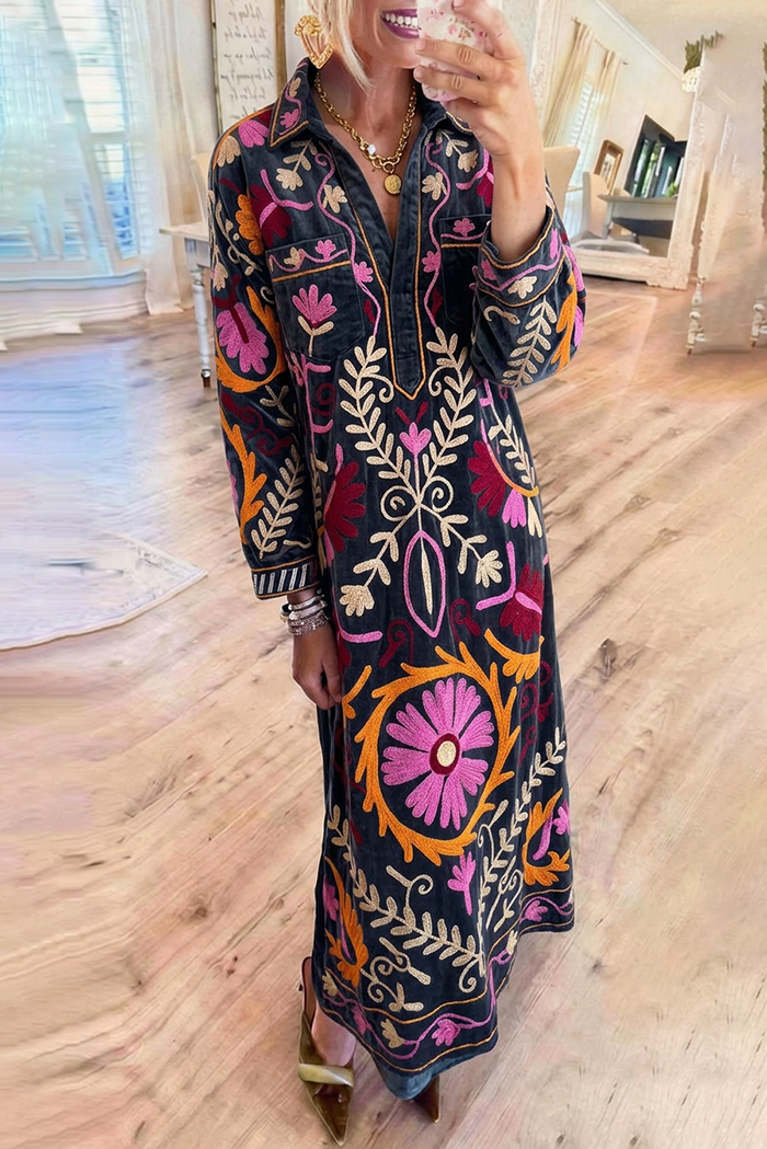 Velvet Floral Embroidery Collar Half Placket Pockets Maxi Dress