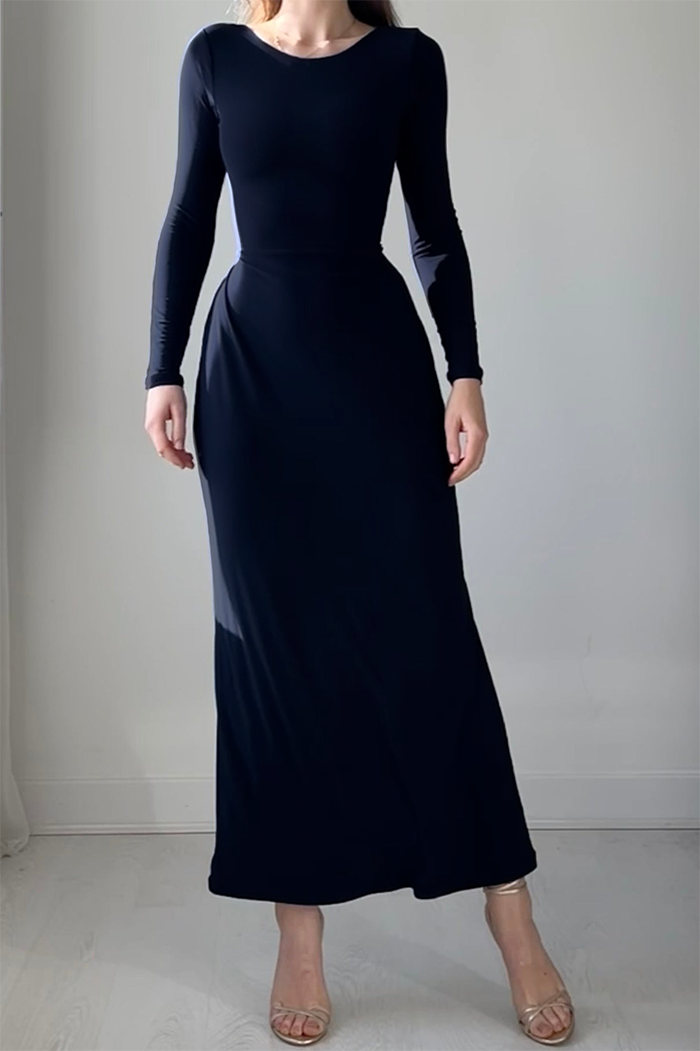 Reversible Long-Sleeve Fitted-Waist Maxi Dress