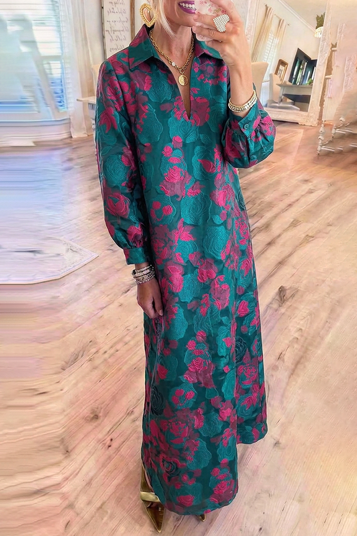 Teal Magenta Floral Jacquard Long Sleeve Pockets Maxi Dress