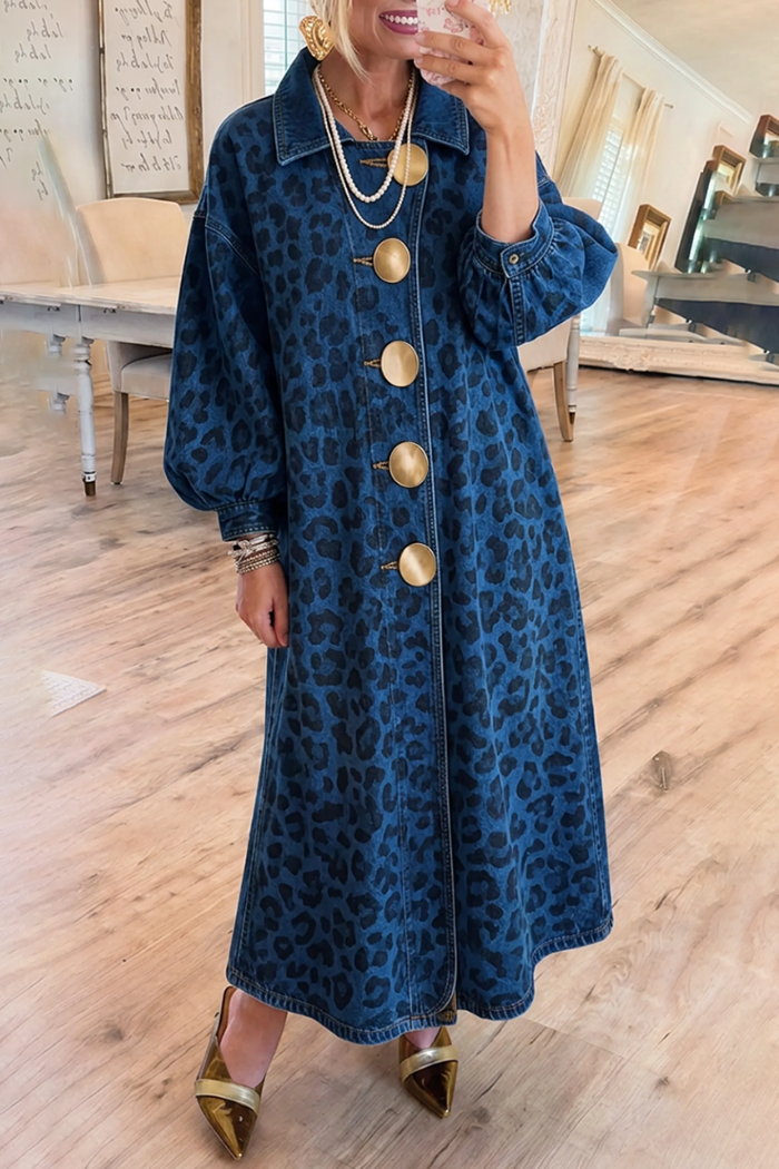 Denim Leopard Gold Buttons Bubble Long Sleeves Maxi Dress