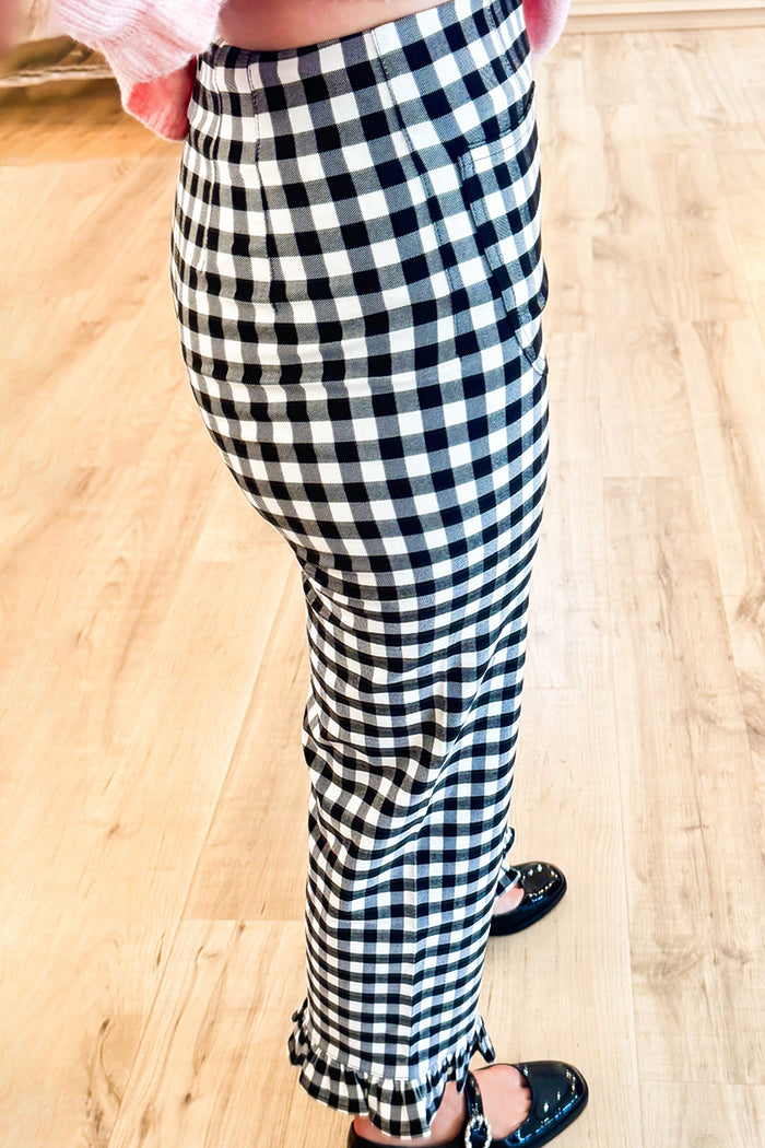 Black Gingham Straight Leg Ruffle Hem Pants