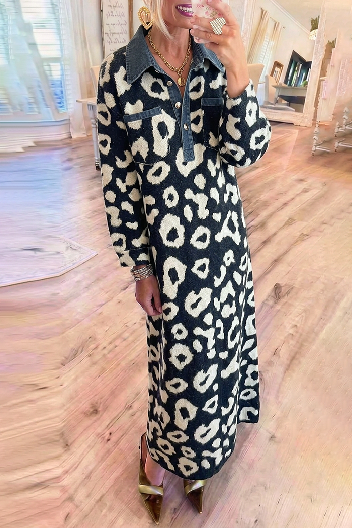 Leopard Jacquard Denim Collar Half‑Button Pockets Knit Maxi Dress
