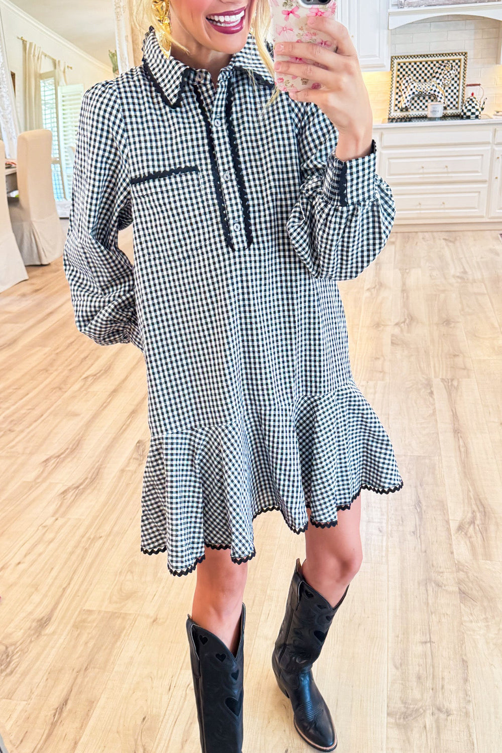 Black Gingham Scallop Trim Pocket Dress