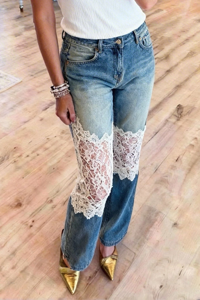 Lace Panel Denim Wide Leg Jeans