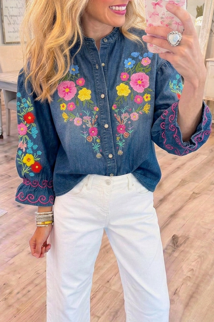 Denim 3/4 Scroll Ruffle Cuff Puff Sleeve Bright Floral Embroidered Top