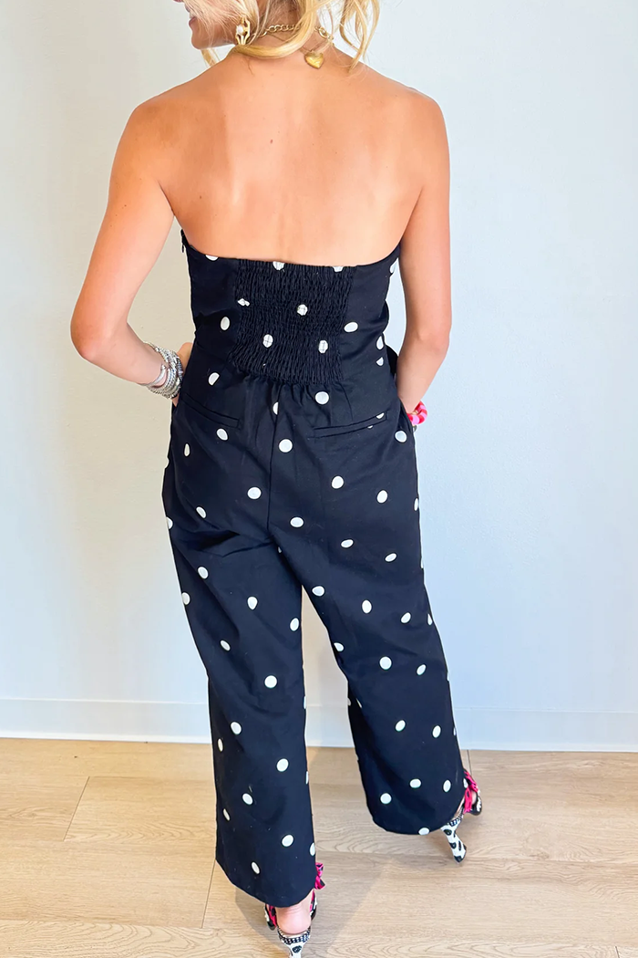 Polka Dot Twill Strapless Wide Leg Pocket Jumpsuit