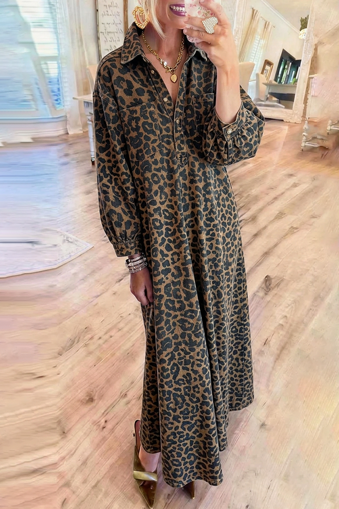 Denim Leopard Half Button Pocket Maxi Dress