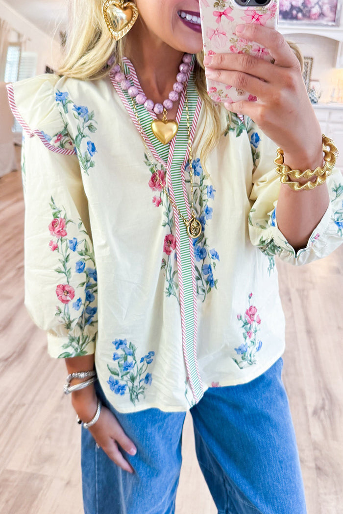 Floral Stripe Contrast Binding Top