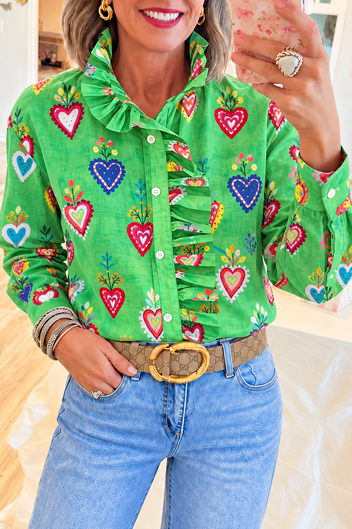 Casual Heart Print Ruffle Collar Shirt