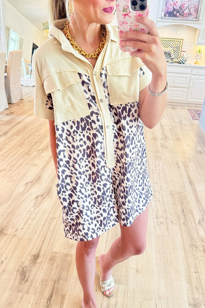 Leopard & Cream Buttoned Collard Jumpsuit