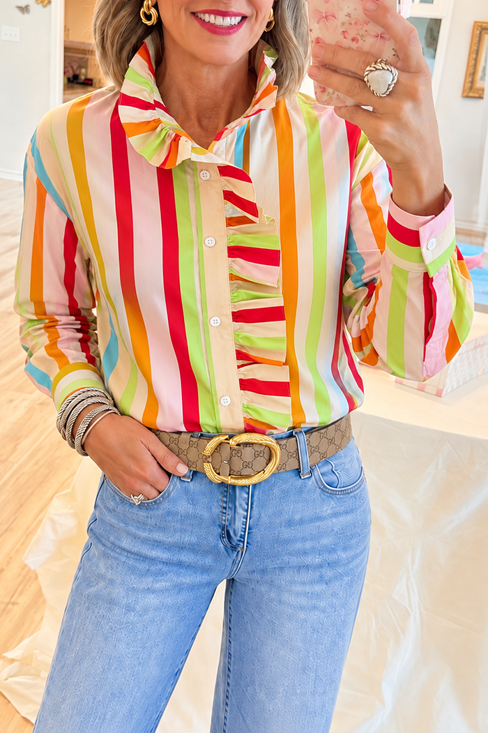 Casual Colorful Stripe Ruffle Shirt