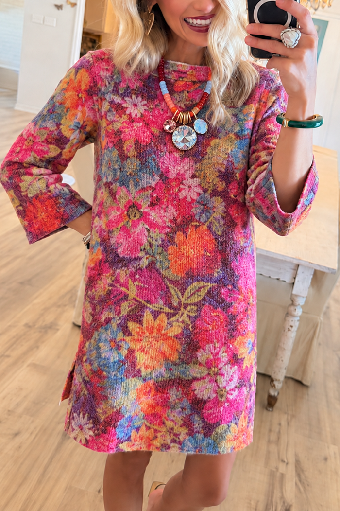 Vibrant Watercolor Floral Shift Knit Dress