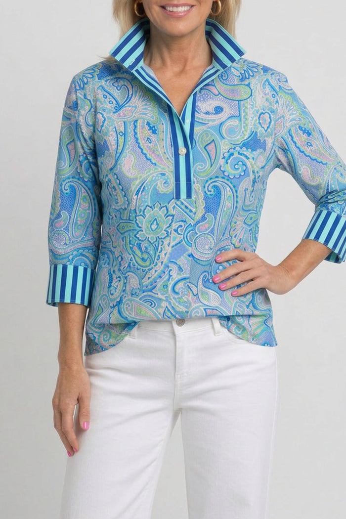 Paisley Print Striped Cuff Half Placket Top