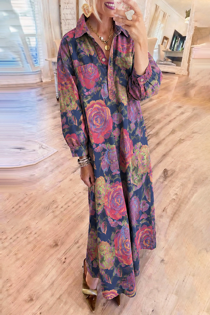 Dark Denim Vintage Rose Floral Pockets Maxi Dress