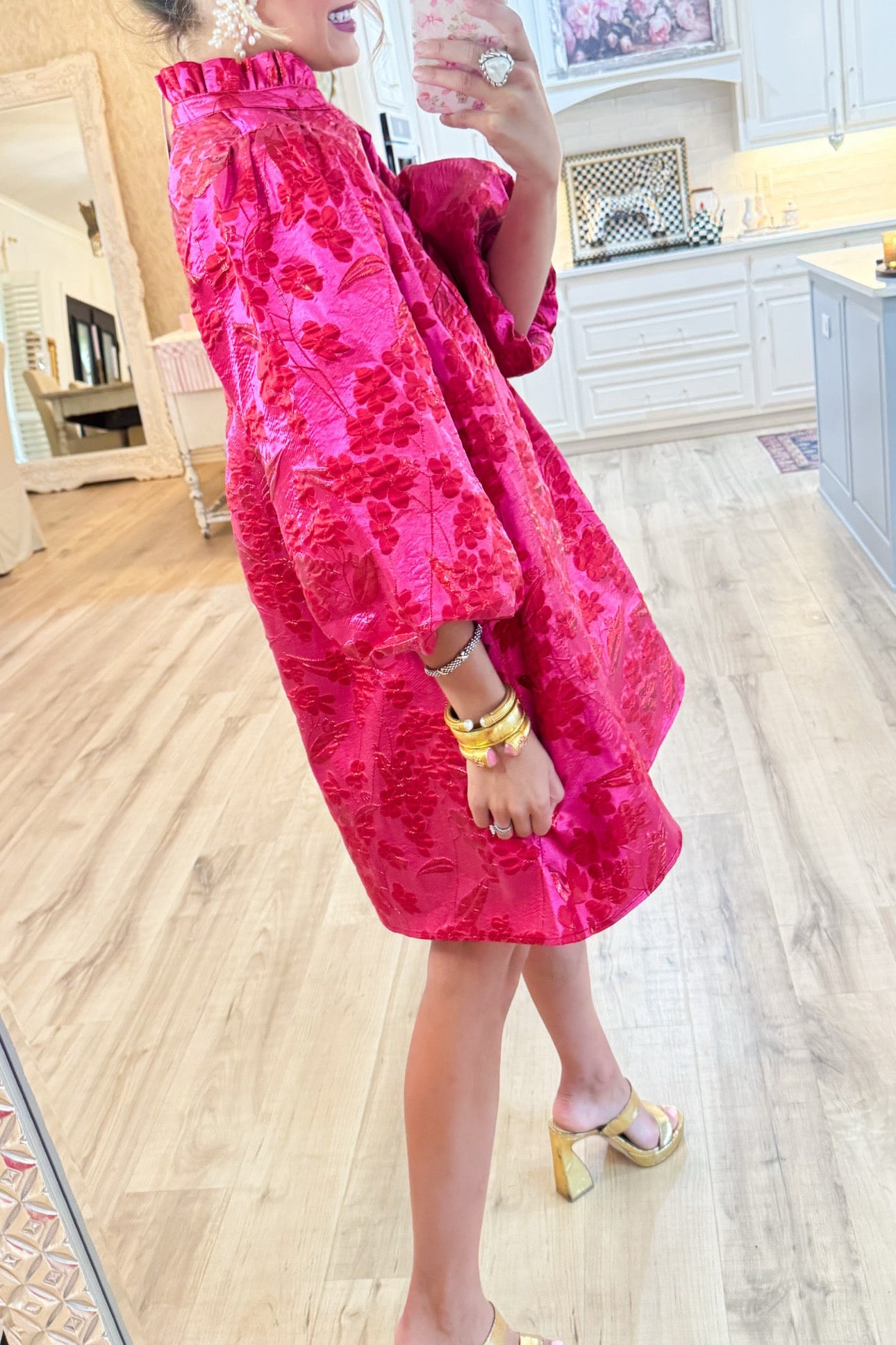 Hot Pink Ruffle Neck Jacquard Dress