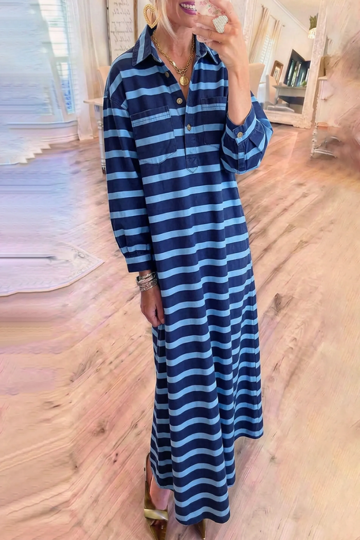 Striped Shirt Collar Half Button Maxi Dress