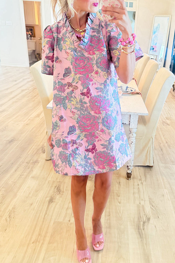 Pink Floral Jacquard Shift Dress