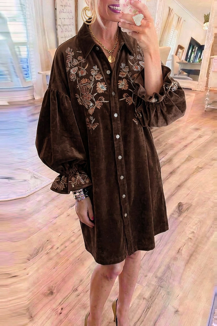 Brown Velvet Button Puff Sleeve Floral Dress