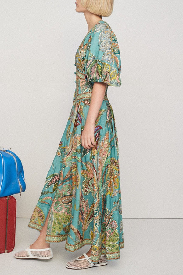 Vintage Print Puffy Sleeve Dress