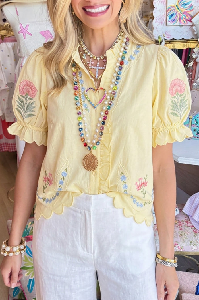Ruffle Trim Short Puff Sleeve Top