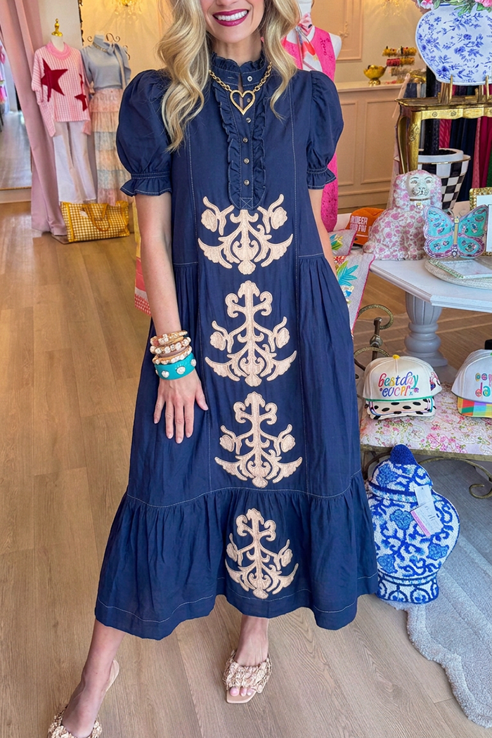 Pocket Ruffle Collar Denim Short Bubble Sleeve Maxi Dress