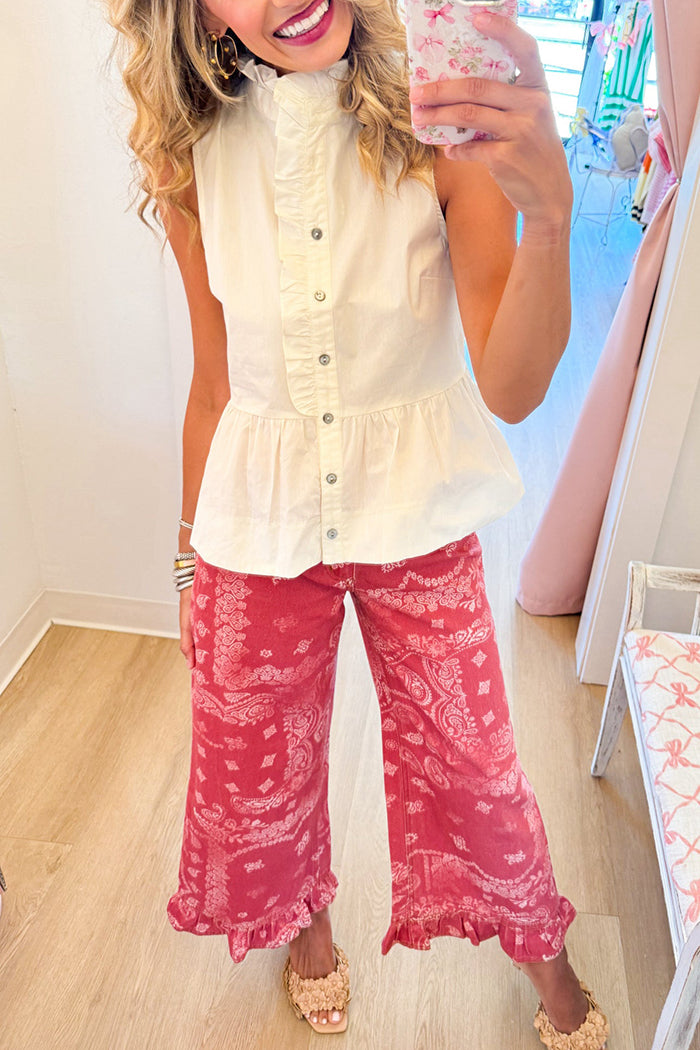 Ruffled Collar Sleeveless Button Front Peplum Top