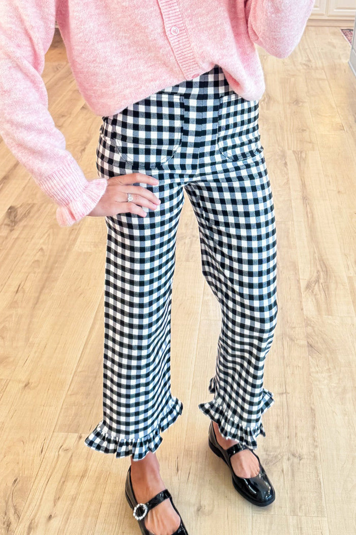 Black Gingham Straight Leg Ruffle Hem Pants