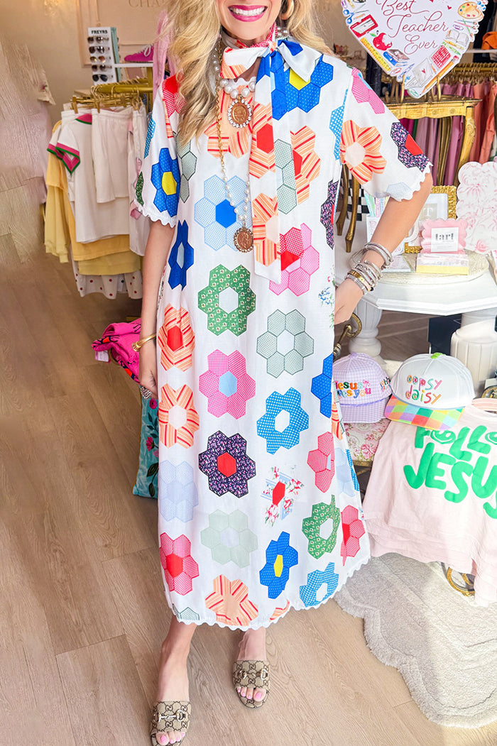 Multi Floral Scallop Trim Midi Dress