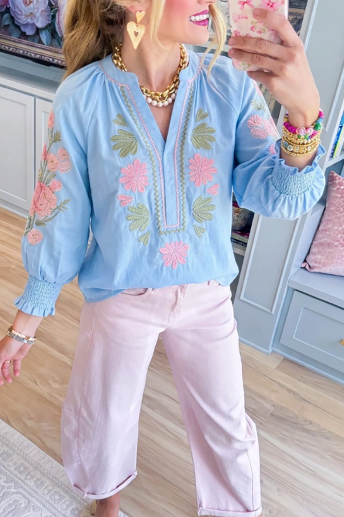 Casual V-Neck Embroidered Top
