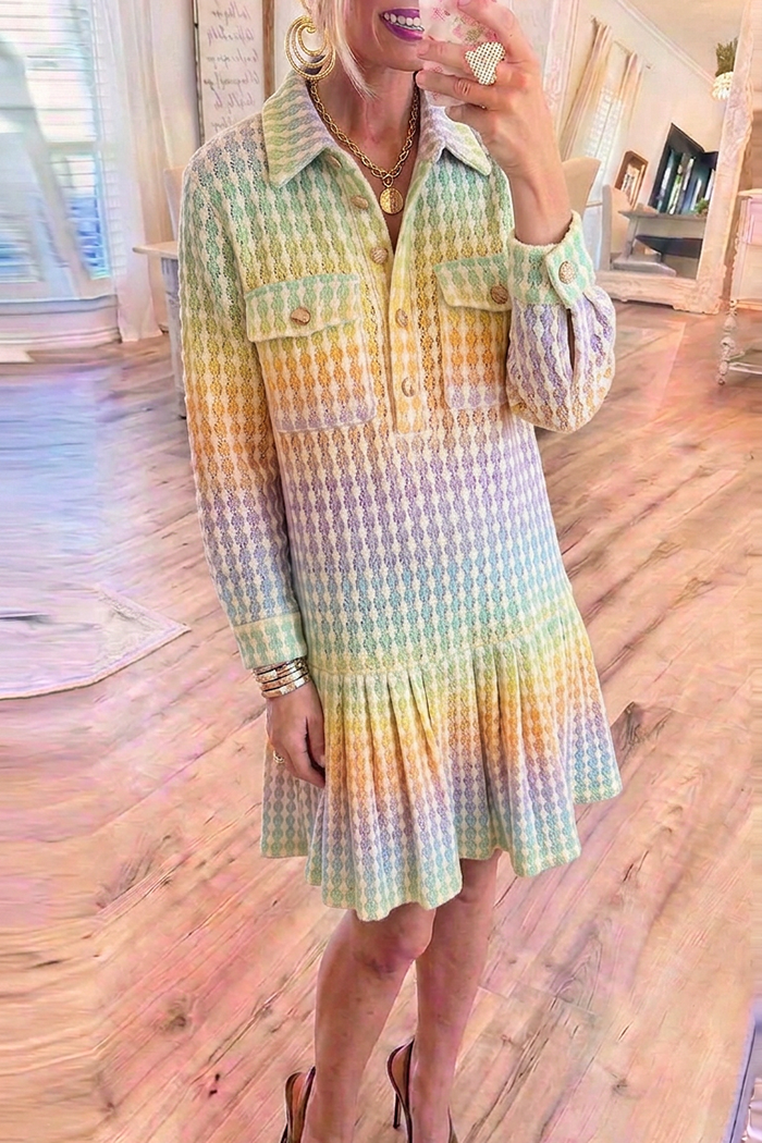 Pastel Multi Jacquard Collared Pockets Ruffle Hem Sweater Dress