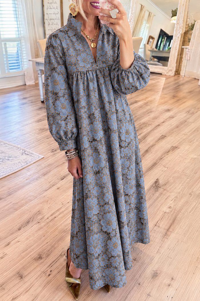 Casual Stand Collar V-Neck Maxi Dress