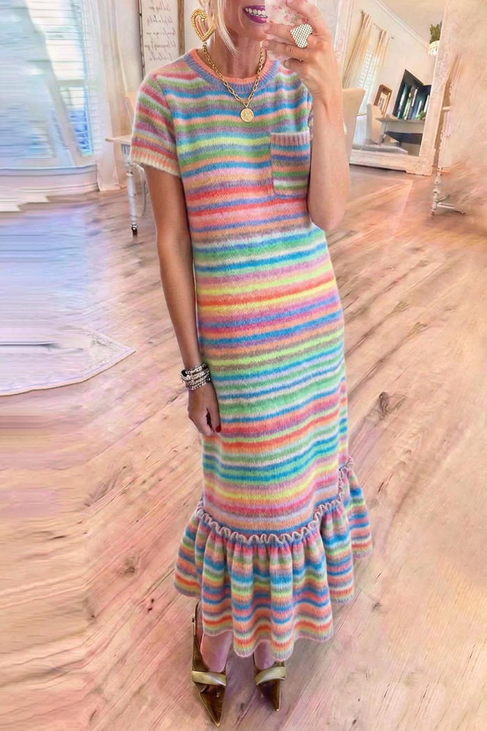 Rainbow Stripe Knit Short Sleeve Pocket Ruffle Hem Maxi Dress