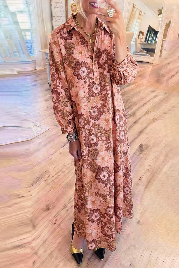 Dusty Pink Floral Collared Shirt Pocket Maxi Dress