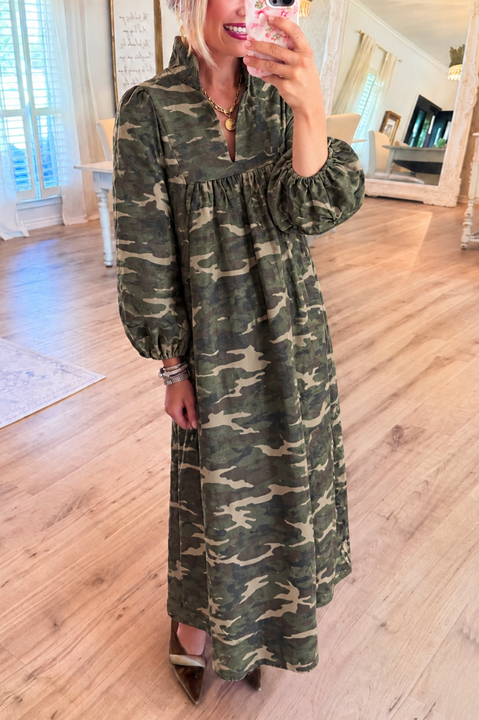 Camo Long Bubble Sleeves Pocket Denim Maxi Dress