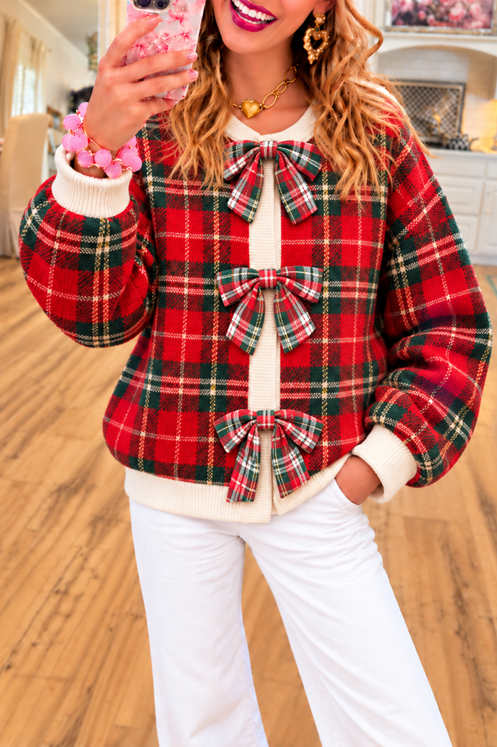 Red Green Plaid Bow Knit Cardigan