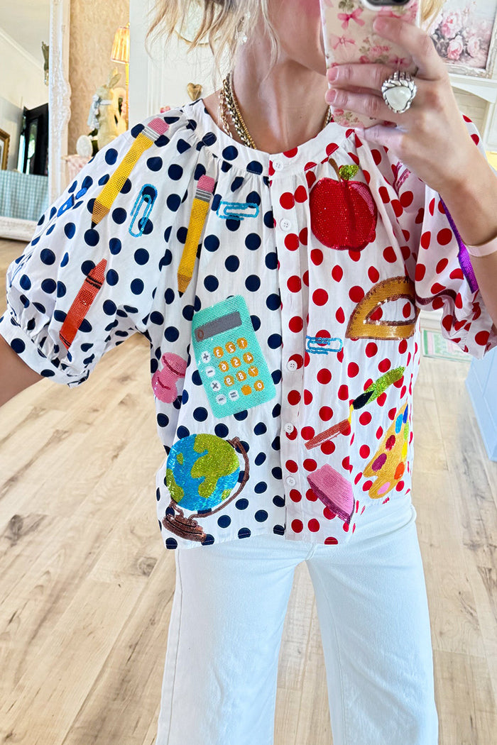 Polka Dot Puff Sleeve Button Up Top