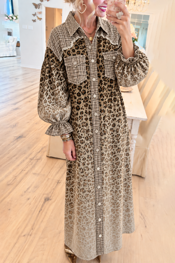 Leopard Plaid Mix Ruffle Cuff Pocket Maxi Dress