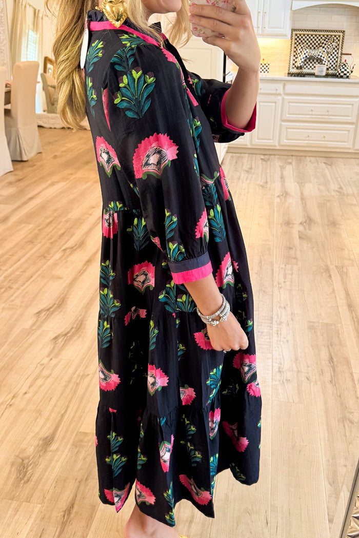 Black Floral Mix Tiered Midi Dress
